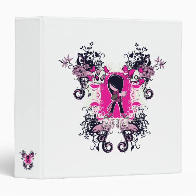 fancy emo girl kid with crossbone skull swirls 3 ring binder (Front/Spine)