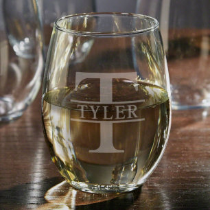 Fancy Engraved Monogram Stemless Wine Glass