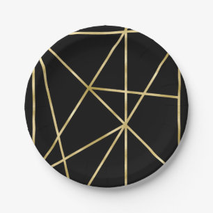 Fancy Faux Foil Gold and Black Geometric Pattern Paper Plates