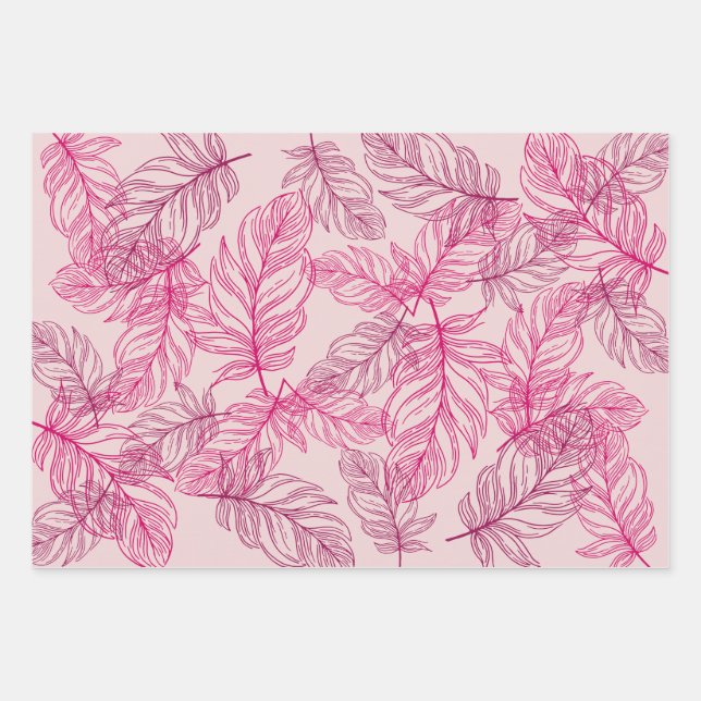 Fancy Feathers Modern Wrapping Paper, Pink Paper Sheets (Front)