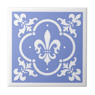 Fancy Fleur De Lis Blue Ceramic Tile