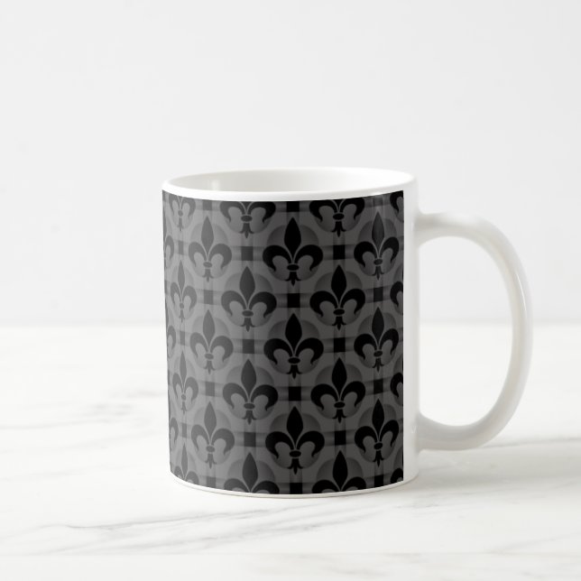Fancy Fleur de lis Mug, Dark Gray Coffee Mug (Right)