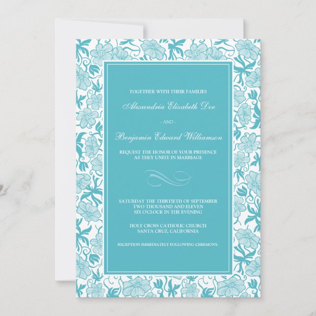Fancy Floral Aqua Wedding Invitation (Front)