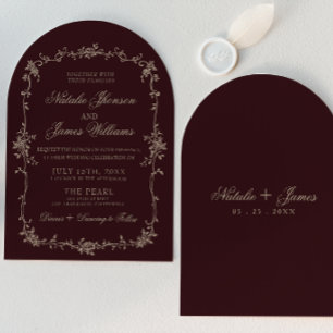 Fancy Floral Beige Burgundy Arched Retro Wedding Invitation