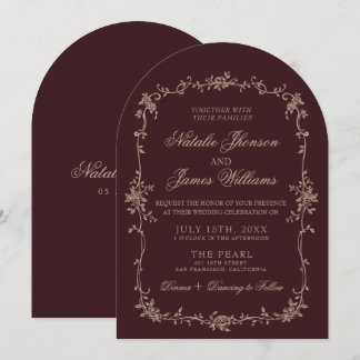 Fancy Floral Beige Burgundy Arched Retro Wedding Invitation