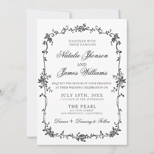 Fancy Floral Black And White Botanical Wedding Invitation (Front)