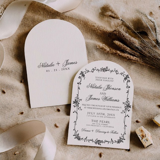 Fancy Floral Black White Botanical Arched Wedding Invitation (Creator Uploaded)