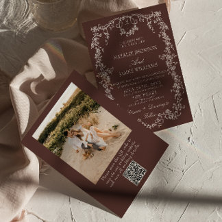 Fancy Floral Chocolate Brown Photo QR Code Wedding Invitation