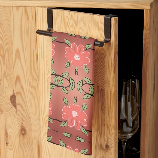 Fancy Floral Coral and Peach Kitchen Towel (Thirds Fold)