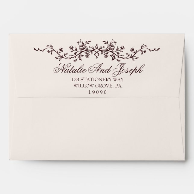 Fancy Floral Deep Red Botanical Boho Wedding Envelope (Back (Top Flap))