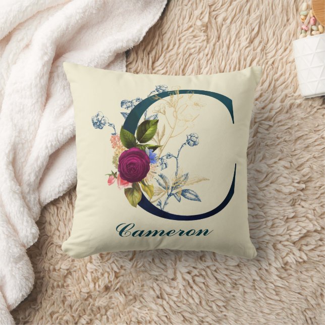 Fancy Floral Letter 'C' Throw Pillow (Blanket)