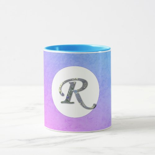 Fancy Floral Letter R Blue and Purple Mug