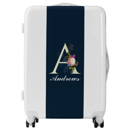 Fancy Floral Monogram A on Navy Luggage