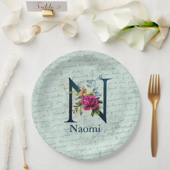 Fancy Floral Monogram Initial N   Paper Plates (Wedding)
