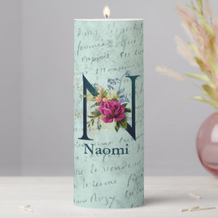 Fancy Floral Monogram Initial N Pillar Candle