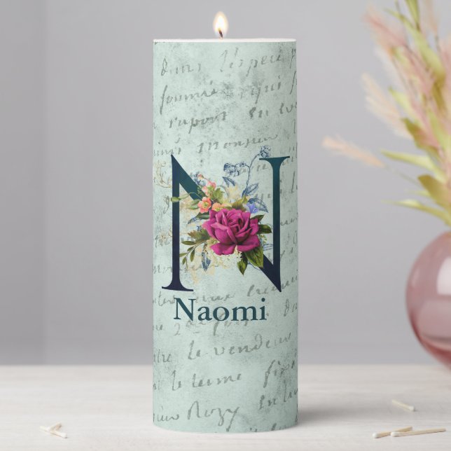 Fancy Floral Monogram Initial N  Pillar Candle (In Situ)
