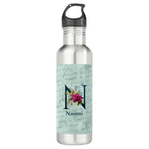 Fancy Floral Monogram Initial N Stainless Steel Water Bottle