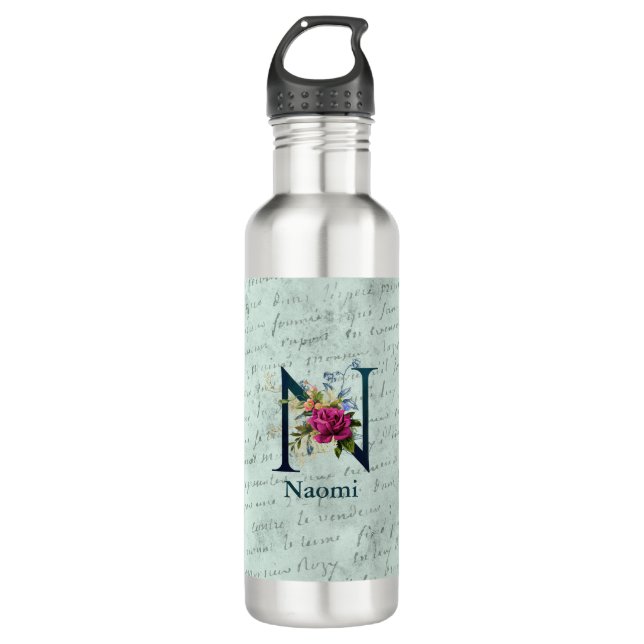 Fancy Floral Monogram Initial N  Stainless Steel Water Bottle (Front)