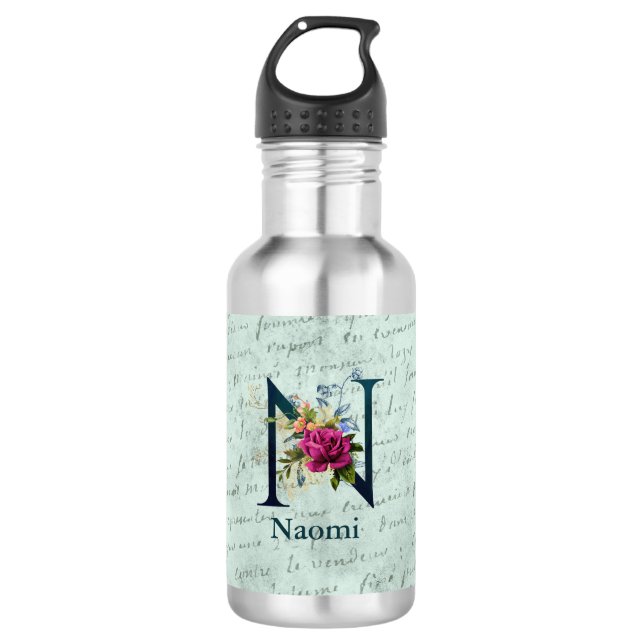 Fancy Floral Monogram Initial N  Stainless Steel Water Bottle (Front)