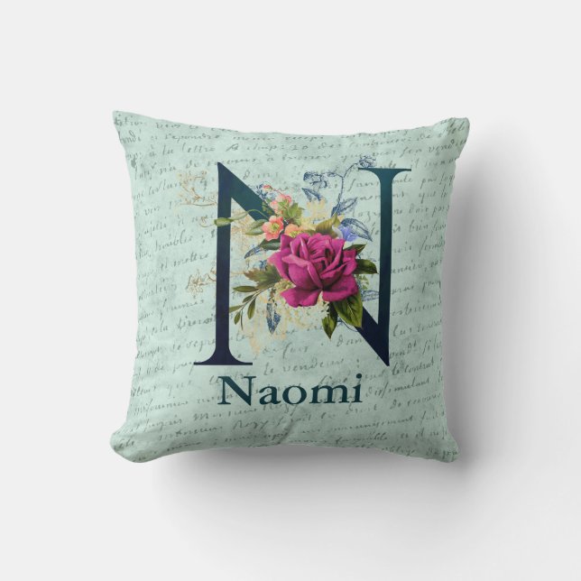 Fancy Floral Monogram Initial N Throw Pillow (Front)