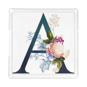 Fancy Floral Monogram Letter A Acrylic Tray