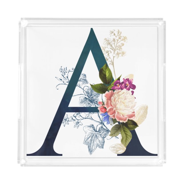Fancy Floral Monogram Letter A Acrylic Tray (Front)