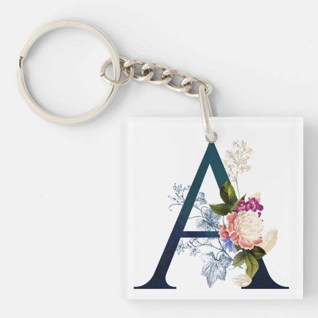 Fancy Floral Monogram Letter A Keychain (Front)