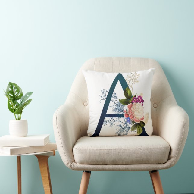 Fancy Floral Monogram Letter A Throw Pillow (Chair)