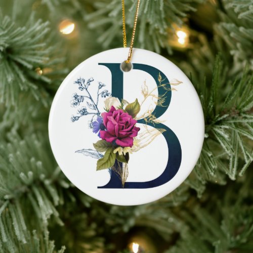 Fancy Floral Monogram Letter B Ceramic Ornament