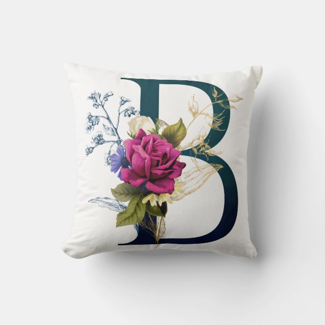 Fancy Floral Monogram Letter B Throw Pillow (Front)