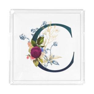 Fancy Floral Monogram Letter C Acrylic Tray