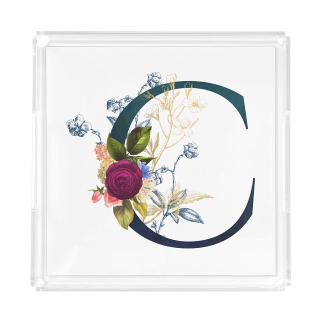 Fancy Floral Monogram Letter C Acrylic Tray (Front)