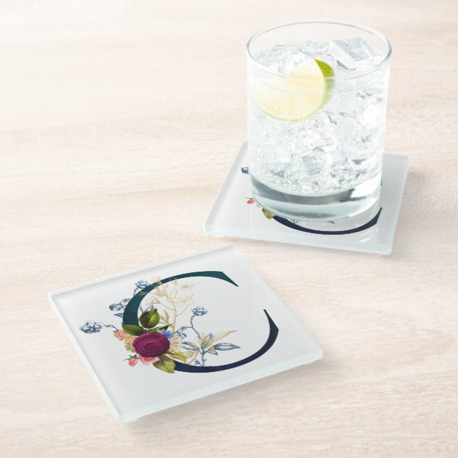 Fancy Floral Monogram Letter C Glass Coaster (Angled)