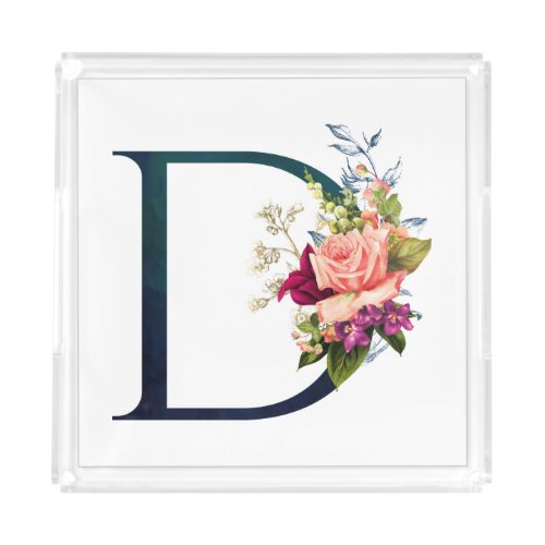 Fancy Floral Monogram Letter D Acrylic Tray