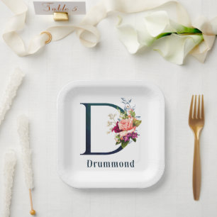 Fancy Floral Monogram Letter D Custom Wedding   Paper Plates