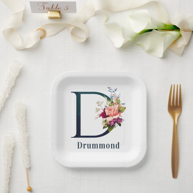 Fancy Floral Monogram Letter D Custom Wedding   Paper Plates (Wedding)