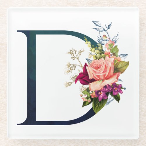 Fancy Floral Monogram Letter D Glass Coaster