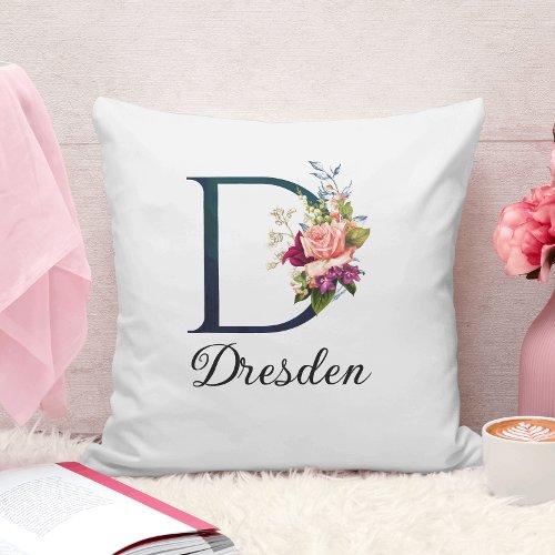 Fancy Floral Monogram Letter D Personalized Throw Pillow