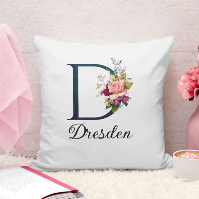 Fancy Floral Monogram Letter D Personalized Throw Pillow (Creator Uploaded)