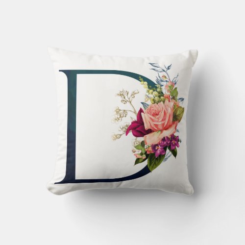 Fancy Floral Monogram Letter D Throw Pillow