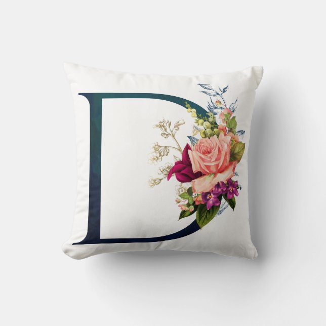 Fancy Floral Monogram Letter D Throw Pillow (Front)