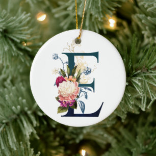 Fancy Floral Monogram Letter E Ceramic Ornament