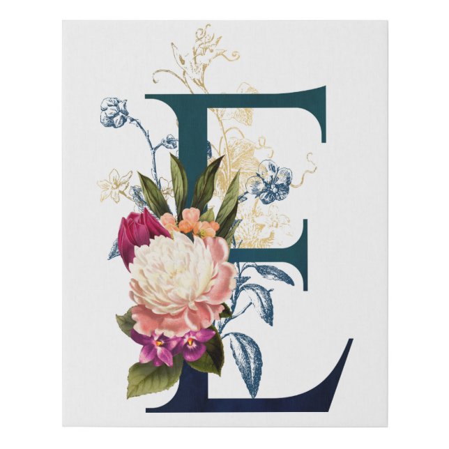 Fancy Floral Monogram Letter E Faux Canvas Print (Front)