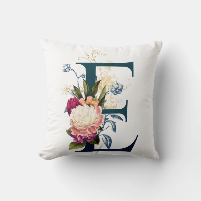 Fancy Floral Monogram Letter E Throw Pillow (Front)