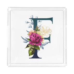 Fancy Floral Monogram Letter F Acrylic Tray