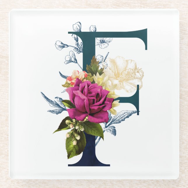 Fancy Floral Monogram Letter F Glass Coaster (Front)