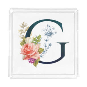 Fancy Floral Monogram Letter G Acrylic Tray