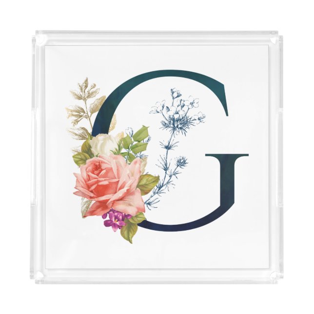 Fancy Floral Monogram Letter G Acrylic Tray (Front)