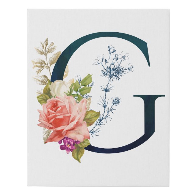 Fancy Floral Monogram Letter G Faux Canvas Print (Front)