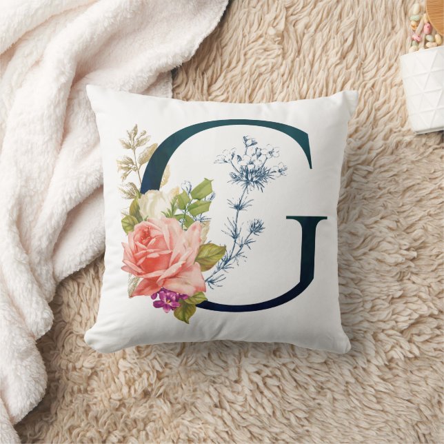Fancy Floral Monogram Letter G Throw Pillow (Blanket)